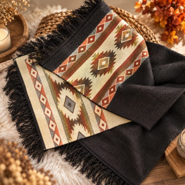 Ciepły szal z Kolumbii z etnicznym wzorem w kolorze brązowym