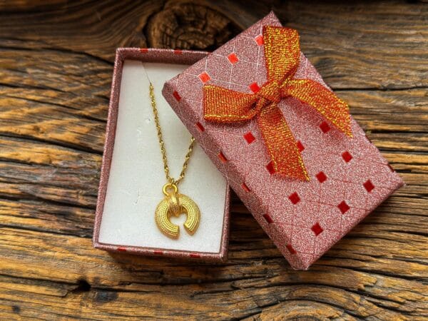Zawieszka do naszyjnika – replika wzorów prekolumbijskich z łańcuszkiem  pakowana w pudełeczko czerwone