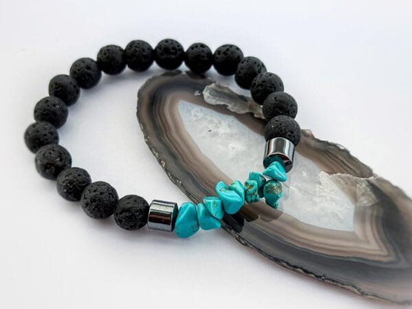 Męska bransoletka z hematytu  z  lawy wulkanicznej i turkusu